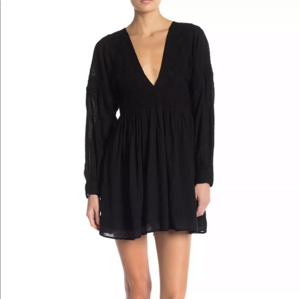 Free People Sugarpie Mini Black Deep V Boho Dress